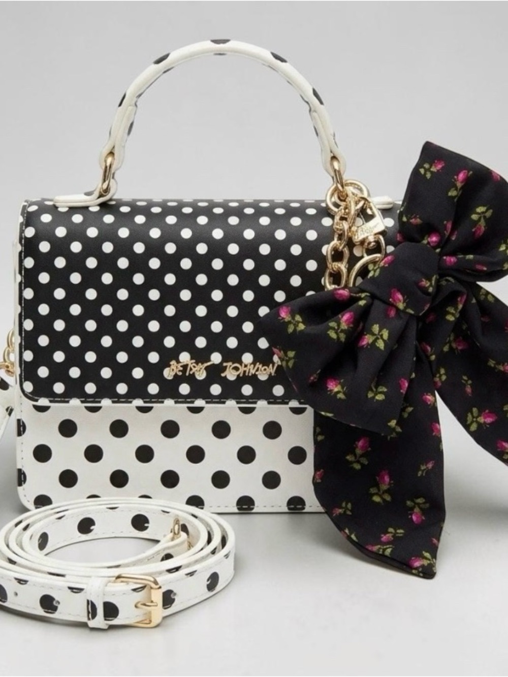 Betsey Johnson Black & White Polka Dot Top-Handle Crossbody with Floral Bow